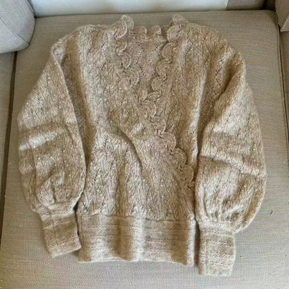 BEST Sezane Nathalia Jumper XXL Beige Sweater V-Neck Wool French - Picture 5 of 9